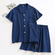 Navy Blue Muslin Cotton Short-Sleeve Pajama Set