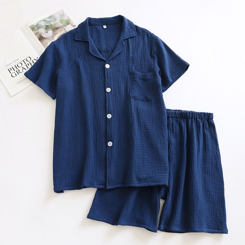 Navy Blue Muslin Cotton Short-Sleeve Pajama Set