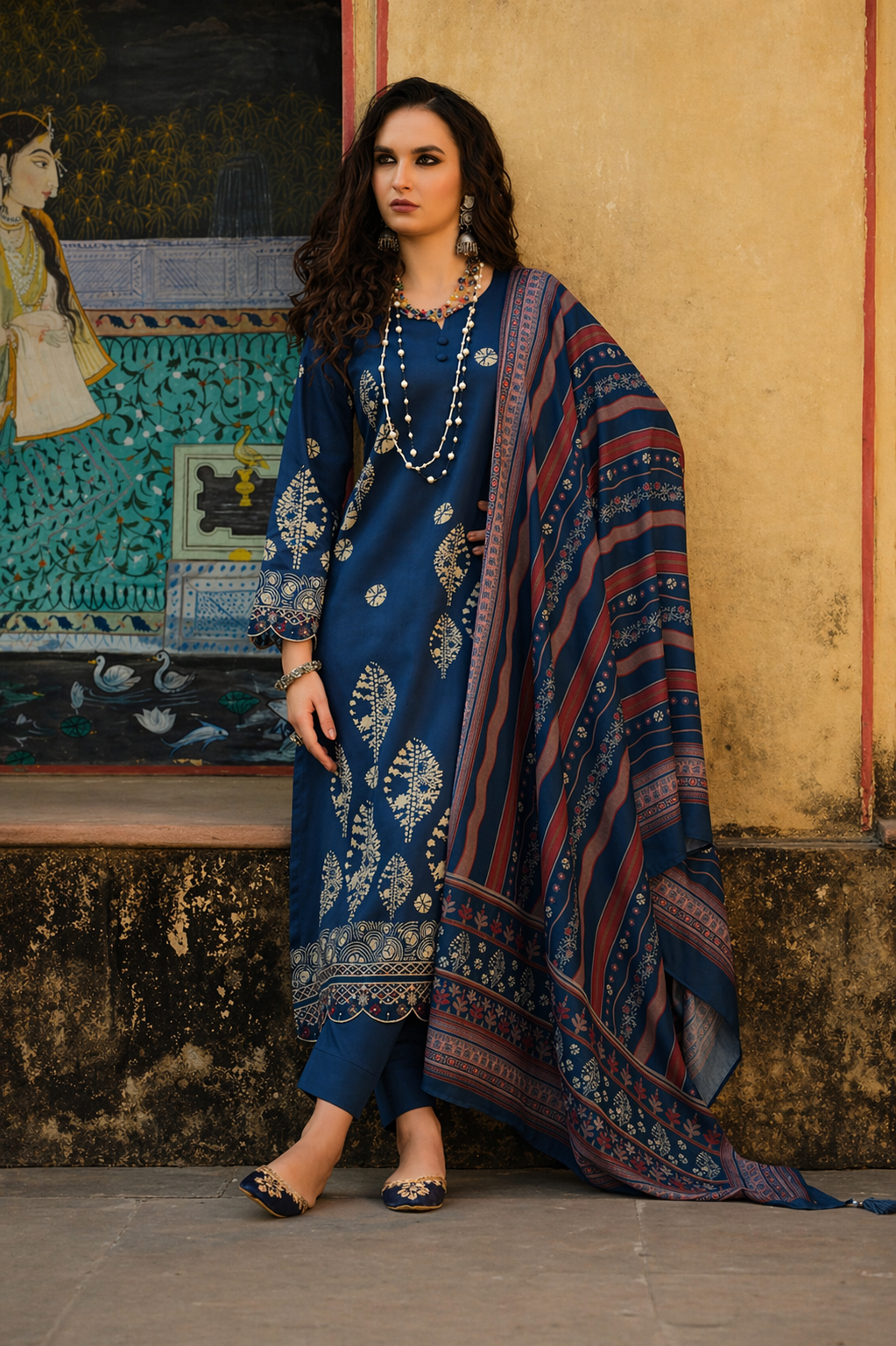 Classic Indigo Blue Printed Kurta Set with Dupatta