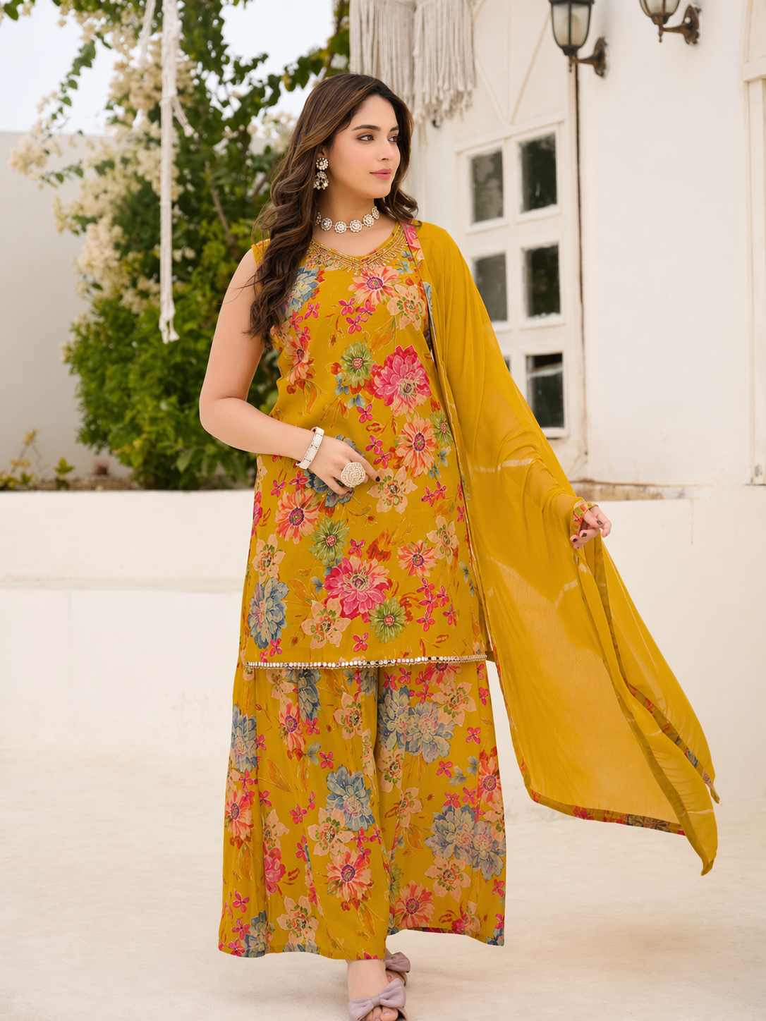 Mustard Floral Printed Sharara Set with Dupatta