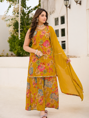 Mustard Floral Printed Sharara Set with Dupatta