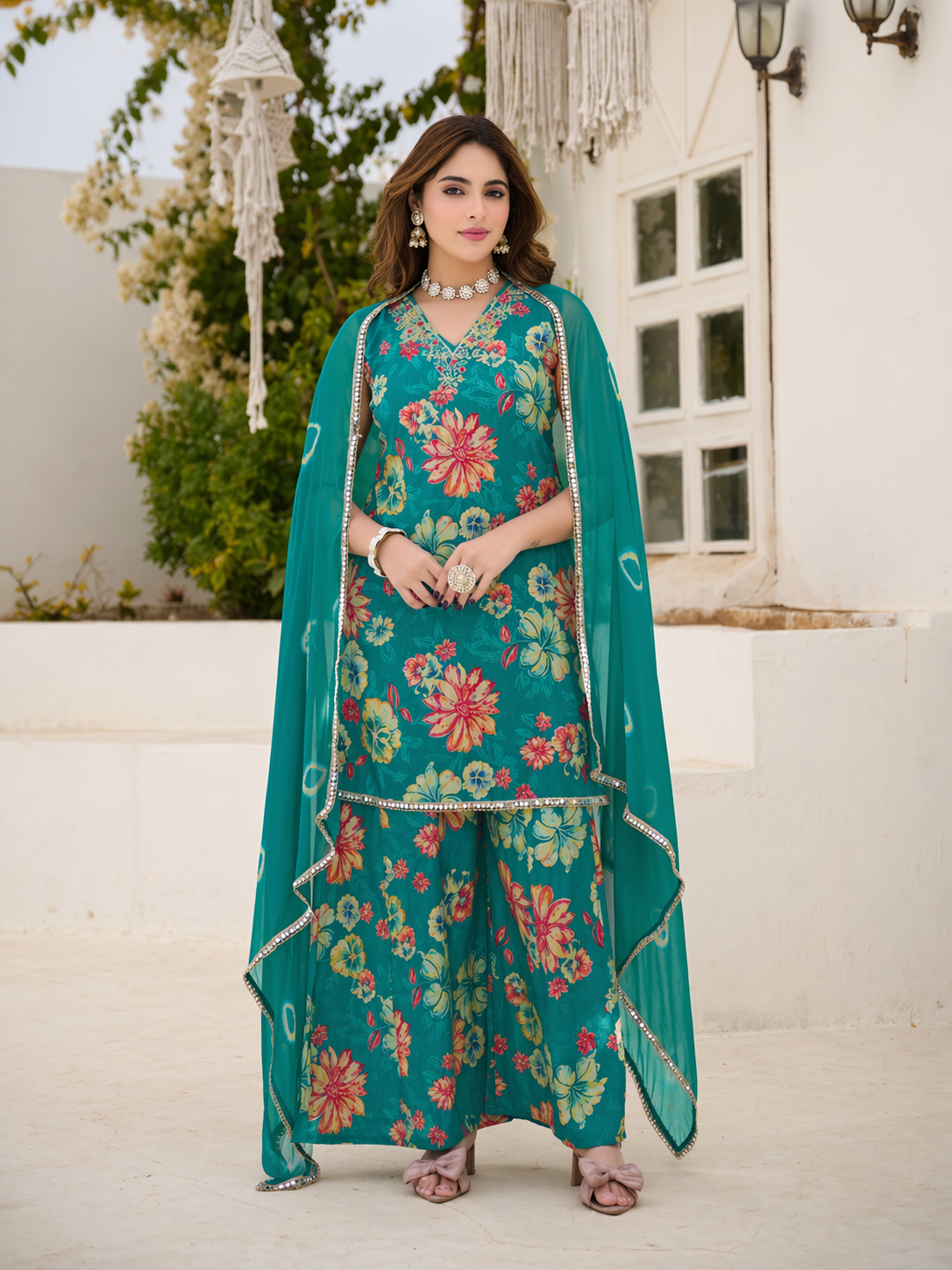 Teal Green Georgette Floral Printed Sharara Set