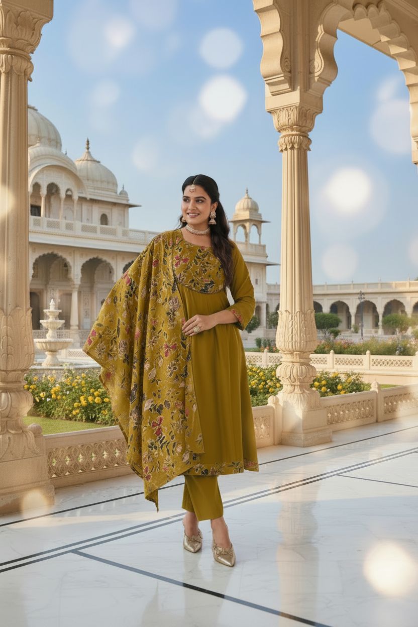 Mustard Olive Cotton Floral Printed Kurta Set with Dupatta