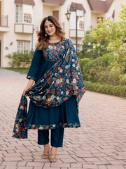 Teal Blue Cotton Floral Printed Kurta Set with Dupatta