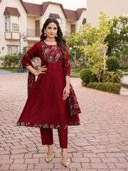 Maroon Cotton Floral Embroidered Kurta Set with Dupatta