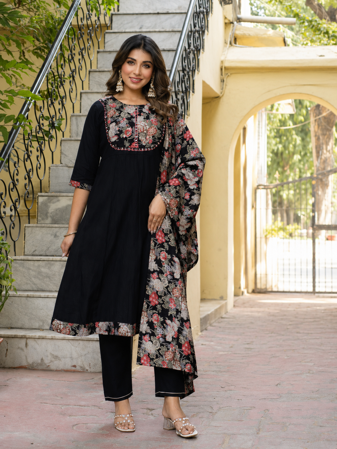 Black Cotton Floral Printed Kurta Set with Dupatta