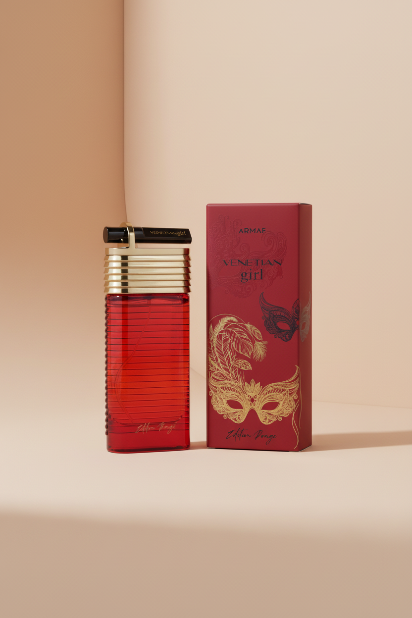 Red perfume bottle and packaging with decorative masks on a white background